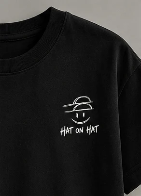 Hat on Hat prototype tee: Say It, Black tee, mark + script